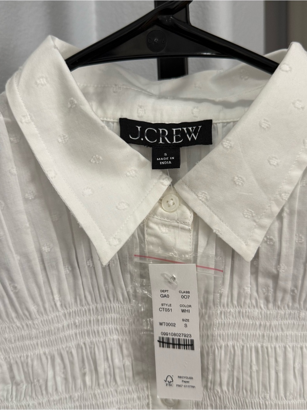 NWT J. Crew Women White Collared Polka Dot Smocked Button Up Shirt Cotton Small - Picture 4 of 7